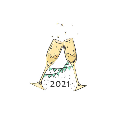 Heppy New Year. Party banner design. 2021 with wineglass champagne in hand drawn style. Vector flat illustrationのイラスト素材