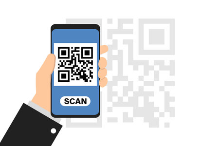 Smartphone in hand scan QR code. Qrcode on phone camera. Vector isolated flat illustration.