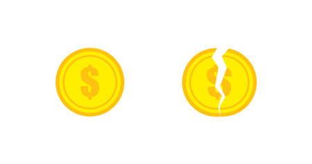 Inflation dollar. Cracked broken coin icon in flat. Money isolated vector illustrationのイラスト素材