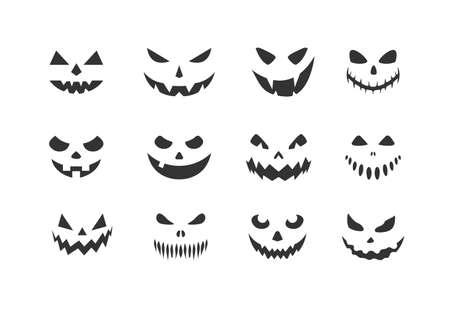 Pumpkin face silhouettes icon set. Vector Halloween flat illustrationのイラスト素材