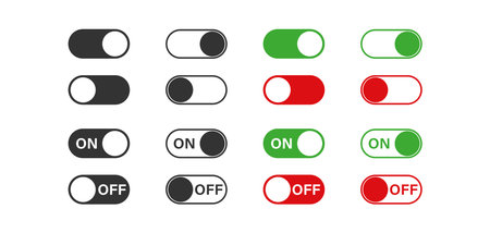 Switch toggle buttons. ON and OFF vector icons set in flat style. App interface sliderのイラスト素材