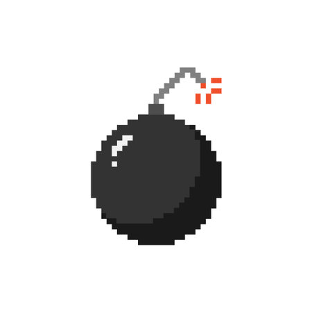 8 bit pixel bomb icon. Black art, colorful vector illustration 80s styleのイラスト素材