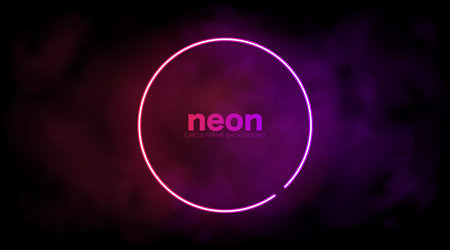Neon circle frame purple and pink background with smoke. Round led glowing lamp on smoky dark backdrop. modern vector illustrationのイラスト素材