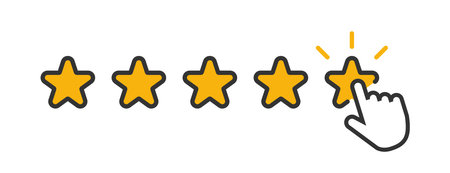 Five yellow stars with clicking mouse hand. Flat quality rank icon. customer feedback concept. Vector isolated flat illustration for web designのイラスト素材