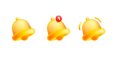 Bell 3d element. Notification ringing message illustration. Call yellow realistic sound notice, social media symbol. modern vector illustrationのイラスト素材
