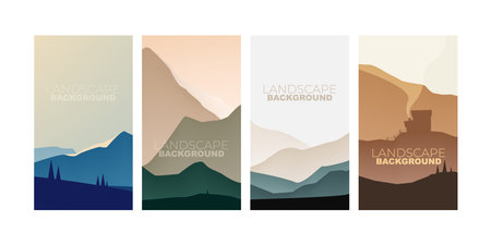 Landscape poster wallpaper background collection. Mountains with sky outdoor silhouette scenery illustration. vector flat illustrationのイラスト素材