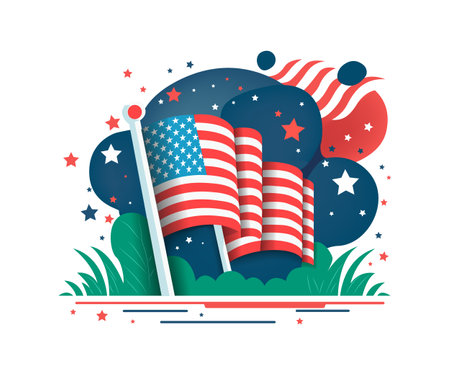 Happy 4th of July. Independence Day flat illustration. American poster with the USA flag, stars and rays. Red and blue color vector designのイラスト素材