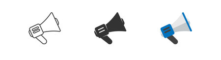 Megaphone set line, glyph and flat style icons. Loudspeaker sing symbol for marketing advertising. Vector isolated illustrationのイラスト素材