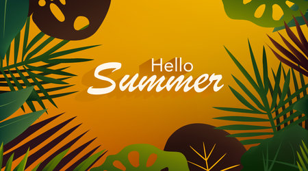 hello summer. Tropical background with palm leaves and monstera plant leaf. Modern poster in bright colors. Vector illustration for web bannerのイラスト素材