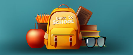 Welcome back to school banner. Three-dimensional education design. Backpack, book and apple 3D object. Vector illustration on blue backgroundのイラスト素材