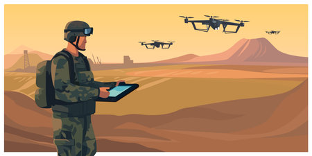 Soldier operating of flying drone quadrocopter at sunset. Modern technology army military man with...