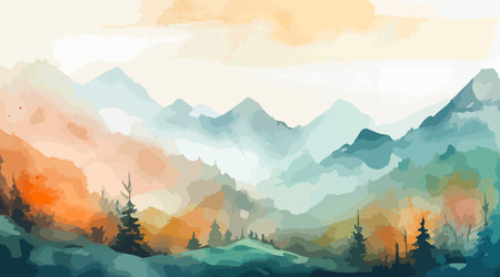 Mountains and forest watercolor background. vector illustrationのイラスト素材