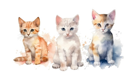 Three watercolor kittens isolated on white background. vector illustrationのイラスト素材