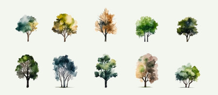 Set of different trees watercolor, isolated on white background. vector illustrationのイラスト素材