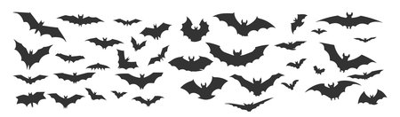 Set of black silhouettes of bats isolated on white background, vector illustrationのイラスト素材