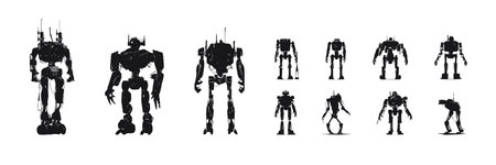 Set of black silhouettes of robots isolated on white background, vector illustrationのイラスト素材
