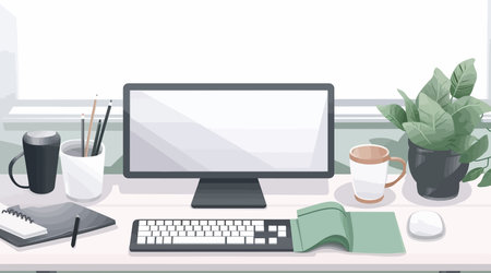 Workspace: office with computer and hot coffee in flat, vector illustrationのイラスト素材