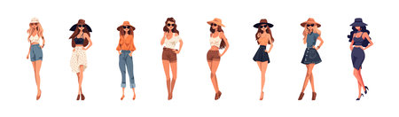 Set of young women, flat cartoon isolated on white background. vector illustrationのイラスト素材