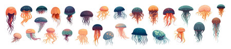 Set of jellyfish, flat cartoon isolated on white background. vector illustration