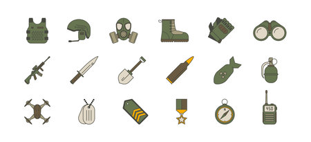 Military and army green flat icons set. War icon, ammunition isolated symbol. vector illustrationのイラスト素材