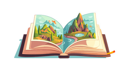 Open book with forest and mountains, flat cartoon isolated on white background. vector illustrationのイラスト素材