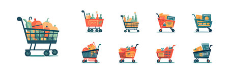 Shopping cart set flat cartoon isolated on white background. vector illustrationのイラスト素材