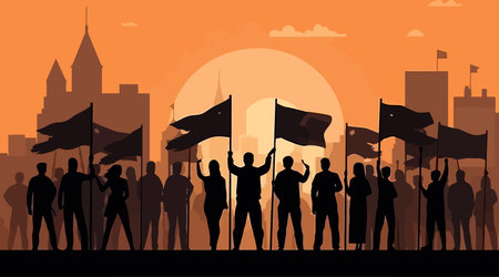 Silhouettes of people demonstrations flat cartoon background. vector illustrationのイラスト素材