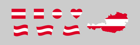 Austria flag set and county map. Republic of Austria national icon symbols, landlocked country in Central Europe. isolated vector illustrationのイラスト素材