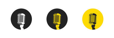 Old vintage microphone. Icon podcast on round frame. Yellow and black mic symbol. Vector isolated illustrationのイラスト素材