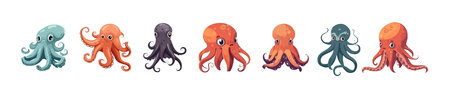 Octopus flat cartoon set isolated on white background. Vector isolated illustrationのイラスト素材