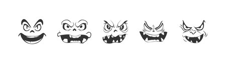 Pumpkin and ghost face set. Halloween funny and scary cartoon faces illustration. Vector isolatedのイラスト素材