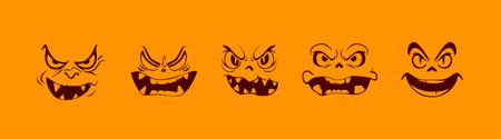 Pumpkin and ghost face set. Halloween funny and scary cartoon faces illustration. Vector isolated on orange backgroundのイラスト素材