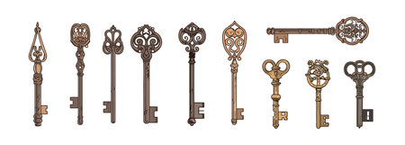 Vintage key set flat cartoon isolated on white background. Vector isolated illustrationのイラスト素材