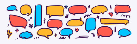 Speech bubble set doodle hand-drawn icon. Vector colorful isolated illustration