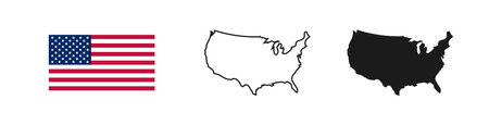 USA flag and map silhouette linear and black illustration. Vectorのイラスト素材