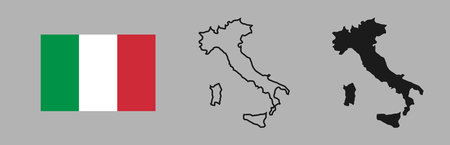 Italy flag and map silhouette linear and black illustration. Vectorのイラスト素材