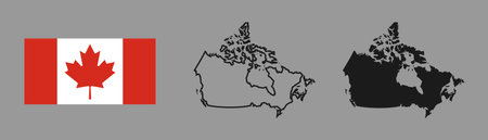 Canada flag and map silhouette linear and black illustration. Vectorのイラスト素材