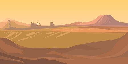 Landscape is a desert with an industrial area behind. Vector flat illustrationのイラスト素材