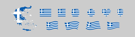 Greece versatile set of flag and map. Designs featuring various shapes, including map, hearts, shields, and waving flags, symbolizing Greece and its national identity. Vector isolatedのイラスト素材
