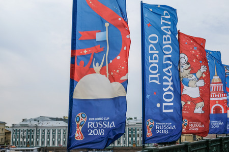 June 12th 2018, Saint Petersburg - Russia. Flags of FIFA World Championship 2018 on Palace Bridge.のeditorial素材