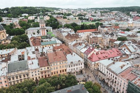 Lviv Ukraine, June 26th 2018. Landscape of Lviv from the top of the tower of City Hall.のeditorial素材