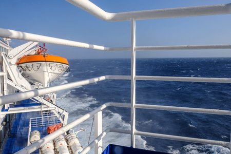 2018 September 24th, Syros ferryboat, Greece. Wind can be extremely strong on the Aegean sea. When...