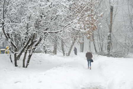 a girl is walking under the snow with a fur in a park in Moscowのeditorial素材