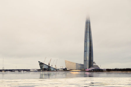 Panorama of Lakhta business center with fog