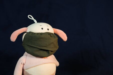 Pigs puppets with a protection mask on the mouth. Coronavirus style. Toys are wearing mask and posing.の写真素材