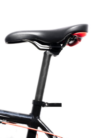 Saddle of a mountain bike isolated on a white backgroundの写真素材