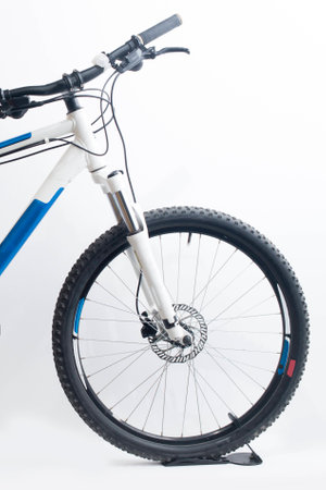 Blue mountain bike isolated on a white backgroundの写真素材