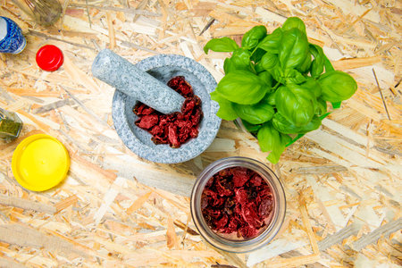 Dried tomato and basilの写真素材