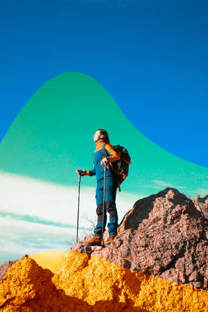 Female in nature outlined with a neon triangleの写真素材