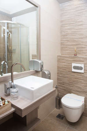 Modern bathroom interior with sink and toilet bowlの写真素材
